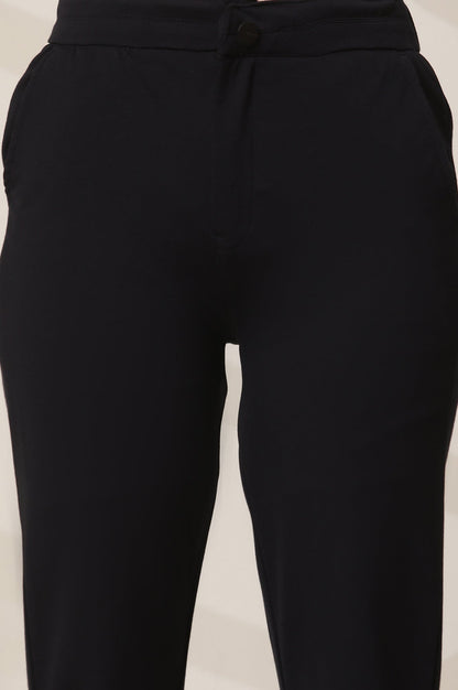 Navy Blue Solid Flared Knit Pants with Elasticated Waist