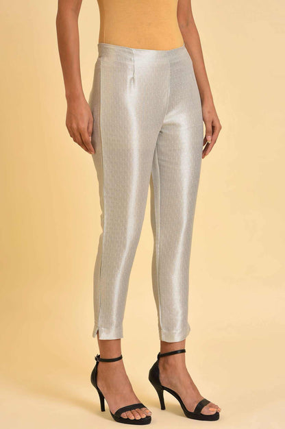 Silver Solid Jacquard Straight Pants