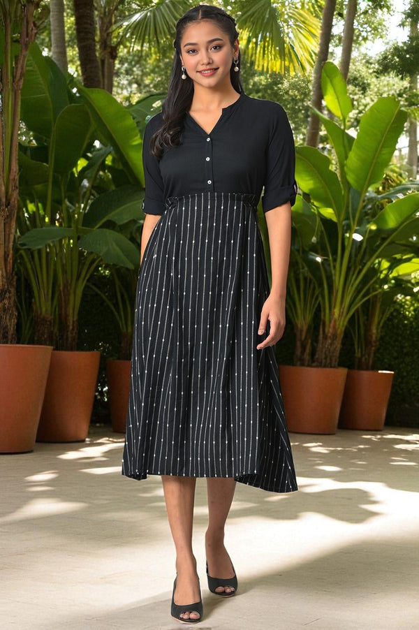 Black Flared Printed Modern Ethnic Dress