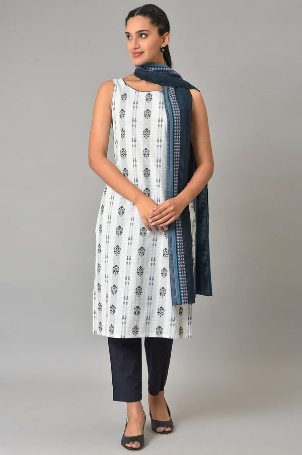 Aurelia White Floral Cotton Sleeveless kurta Set