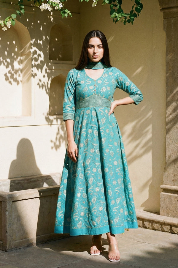 Blue Zari Embroidered Dress And Dupatta