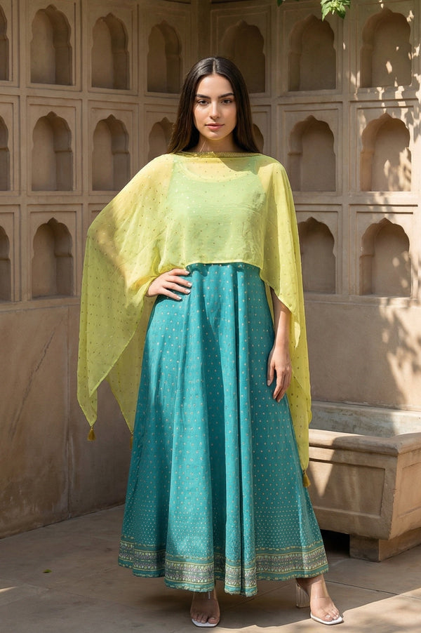 Green Kaftan Sleeves Cape And Sleeveless Dress