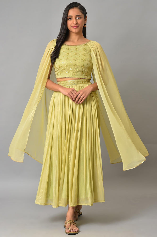 Aurelia Green Embellished Crop Top And Flared Skirt