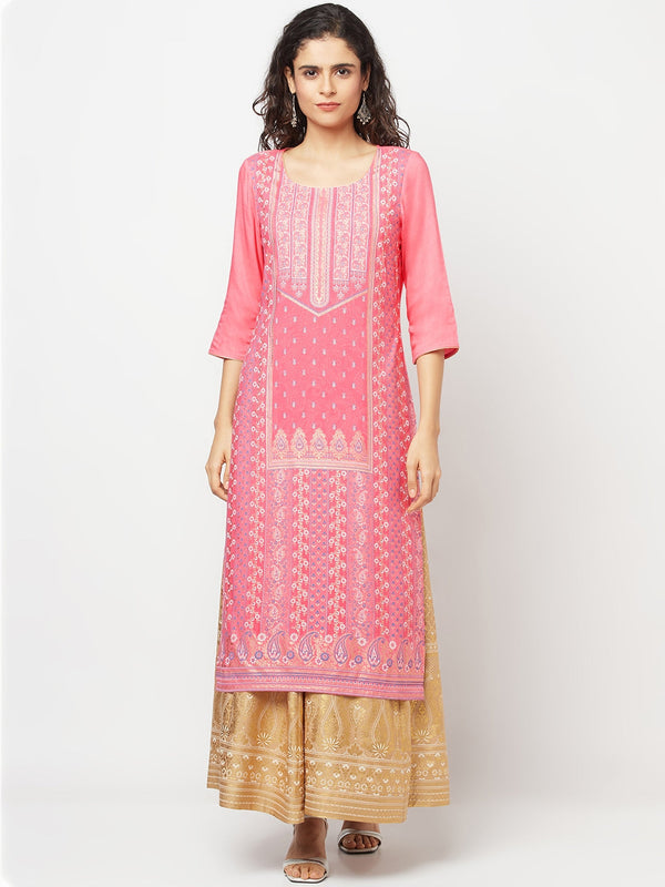 Pink Festive LIVA kurta & Skirt Set