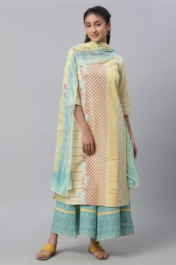Yellow Printed Kurta, Culottes & Dupatta Set