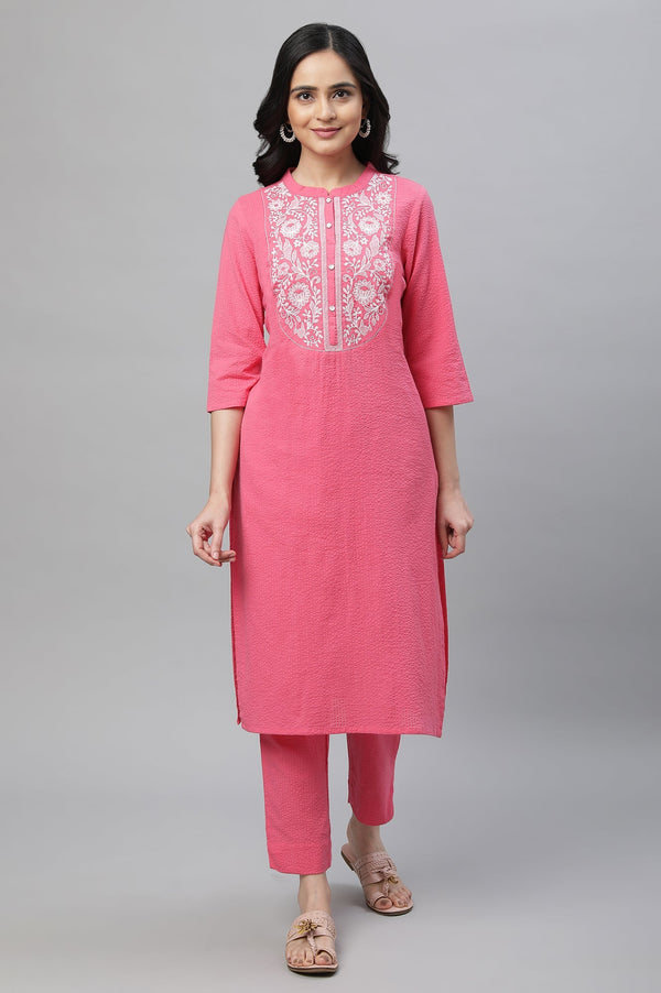 Pink Textured Cotton Embroidered Kurta Co-ord Set