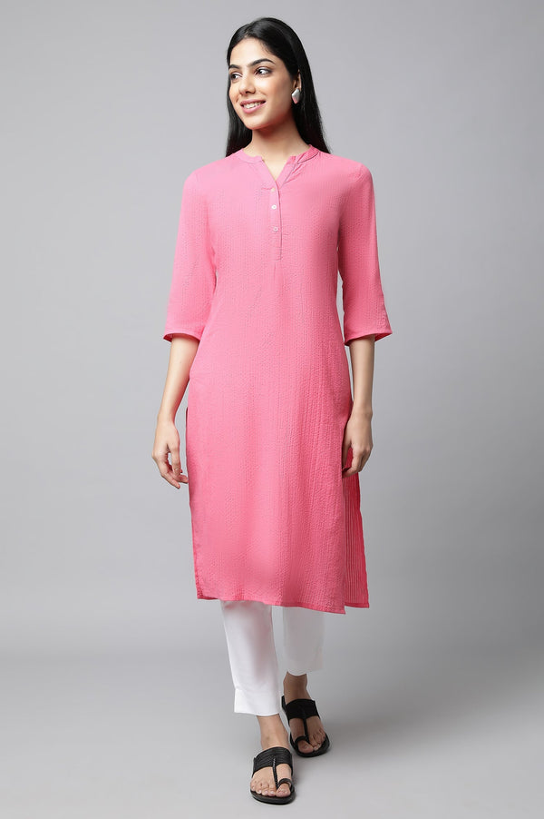 Pink Textured Cotton Kurta and Trouser Set