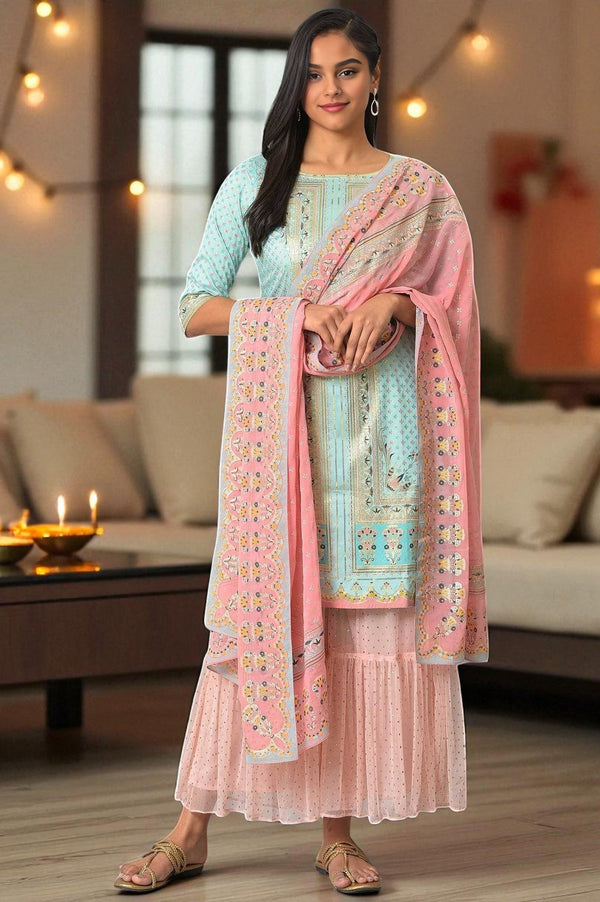 Blue Floral Printed kurta With Pink Net Sharara And Dupatta