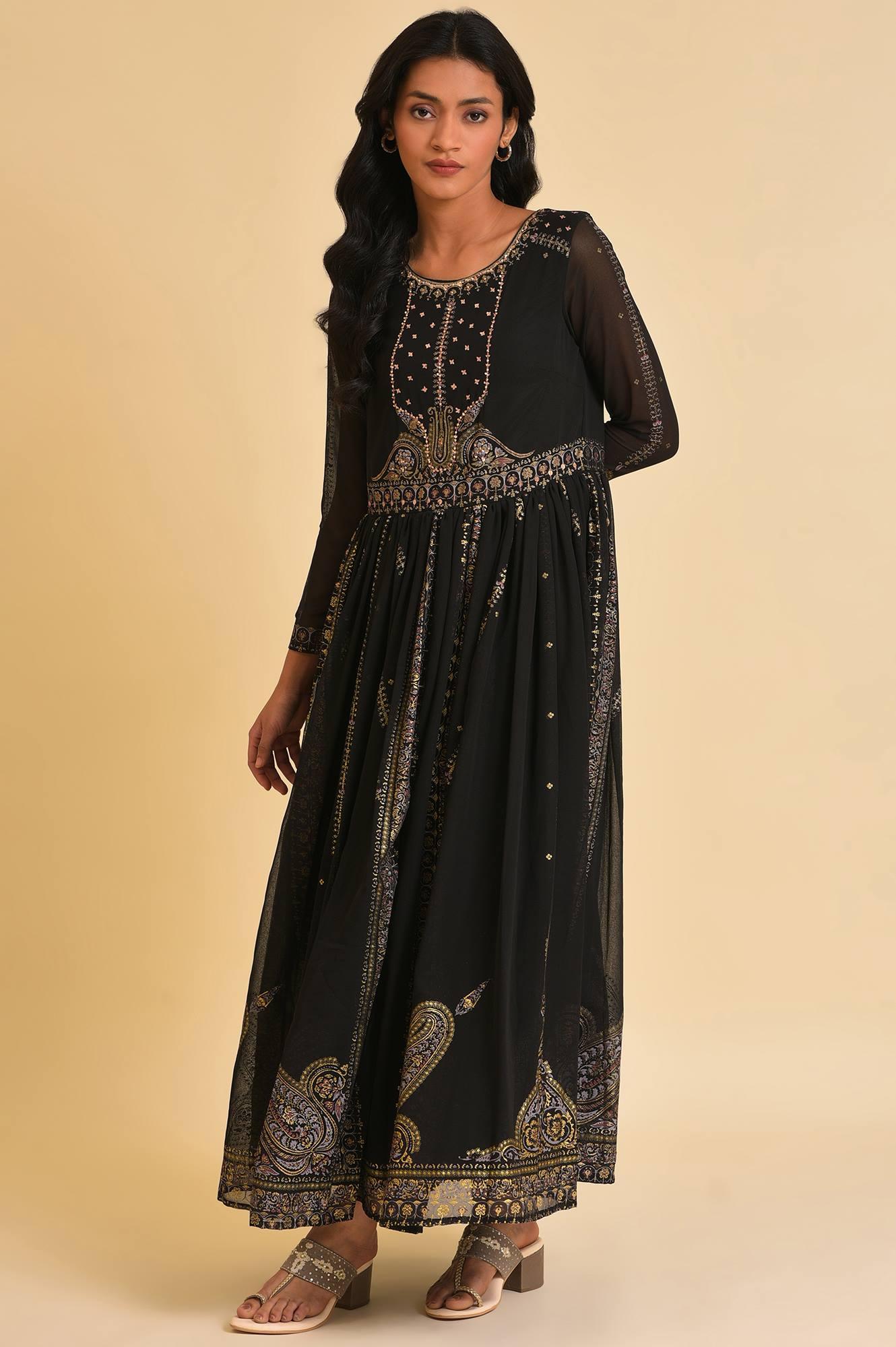 Black Foil Printed Victorian Dress - wforwoman