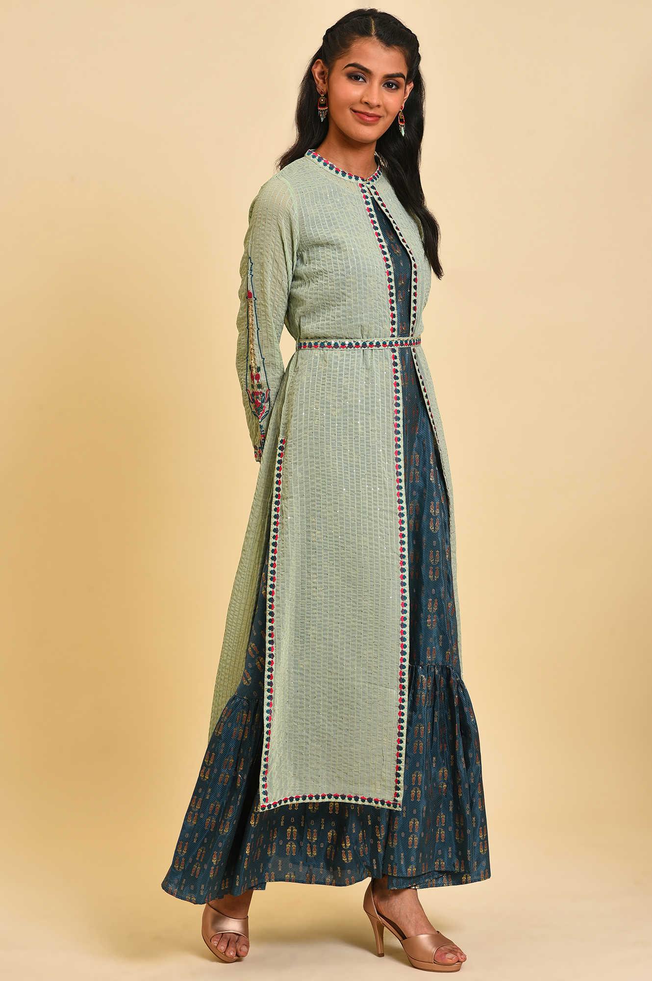 Green Embroidered Gillet &amp; Tiered Dress Set - wforwoman