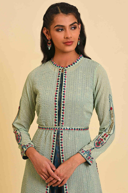 Green Embroidered Gillet &amp; Tiered Dress Set - wforwoman