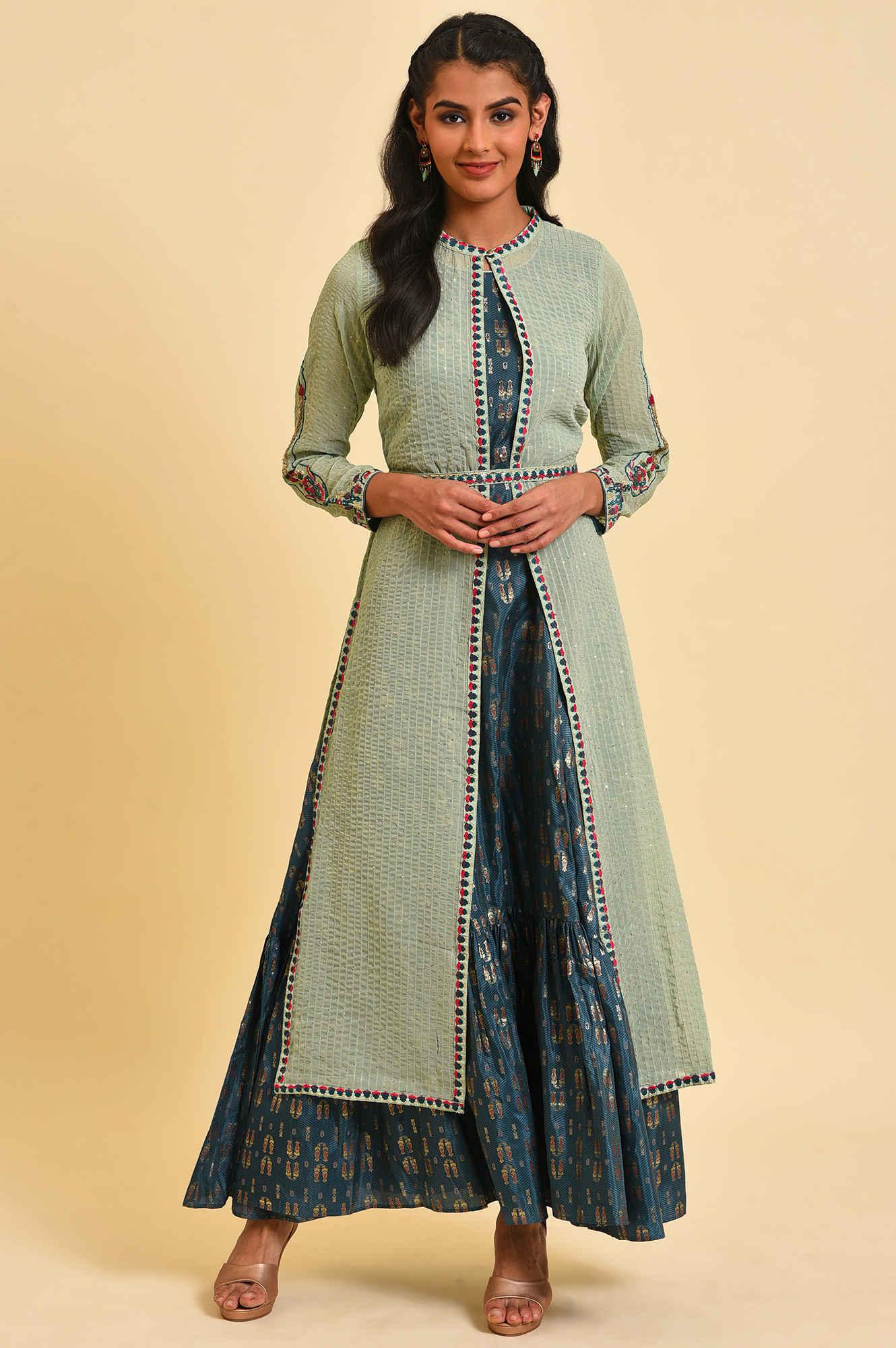 Green Embroidered Gillet &amp; Tiered Dress Set - wforwoman