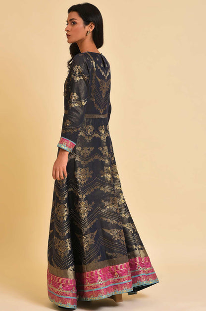 Navy Blue Flared Festive Dress - wforwoman