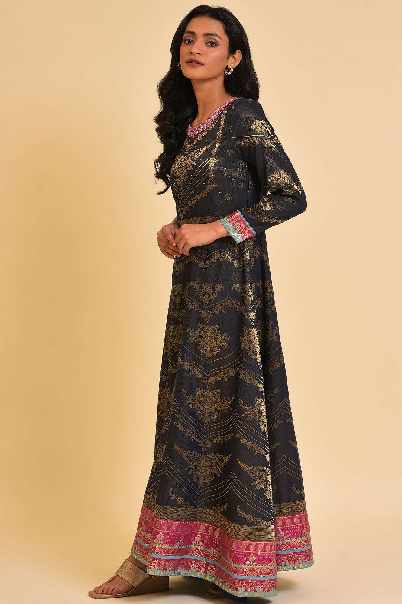 Navy Blue Flared Festive Dress - wforwoman
