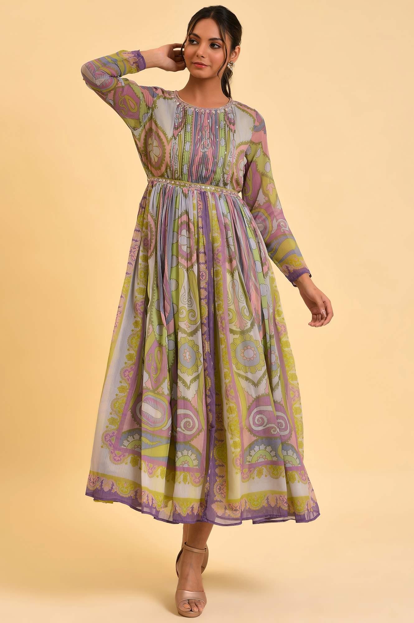 Multi-Coloured Printed Flared Dress With Belt - wforwoman