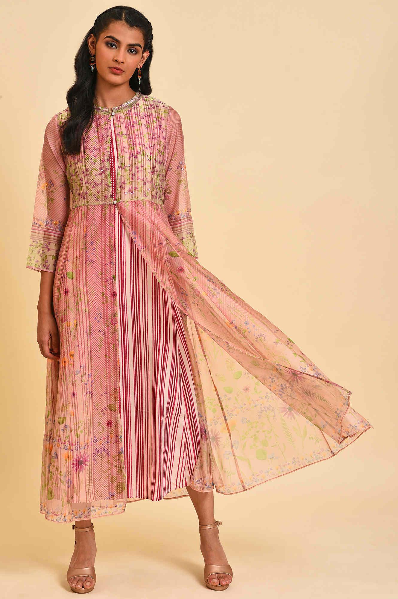 Pink Floral Gillet &amp; Striped Dress Set - wforwoman