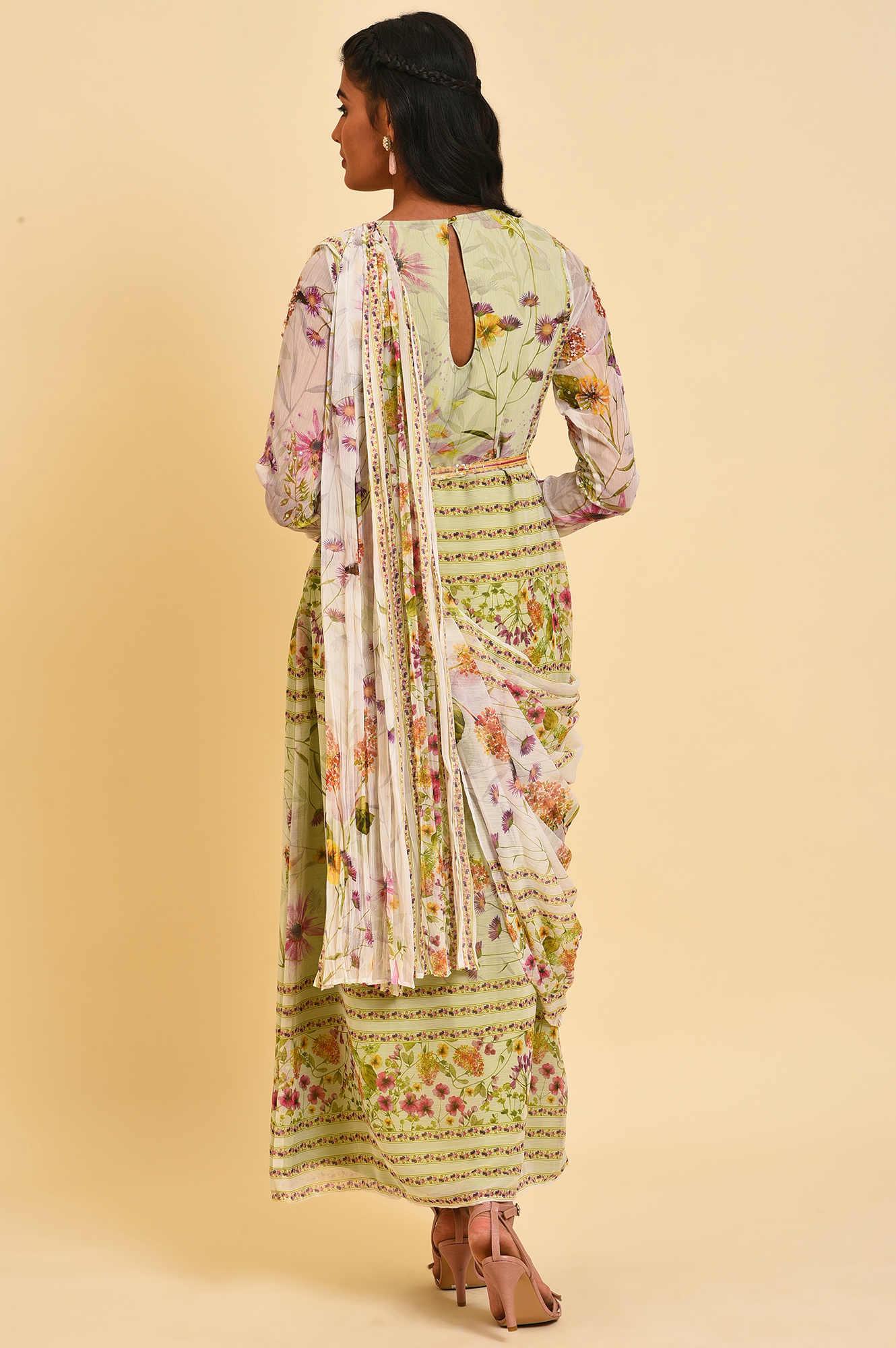 Ecru &amp; Light Green Floral Printed Predrape Saree Dress - wforwoman