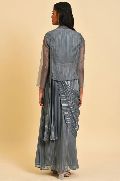 Grey Festive Predrape Saree With Short Jacket - wforwoman