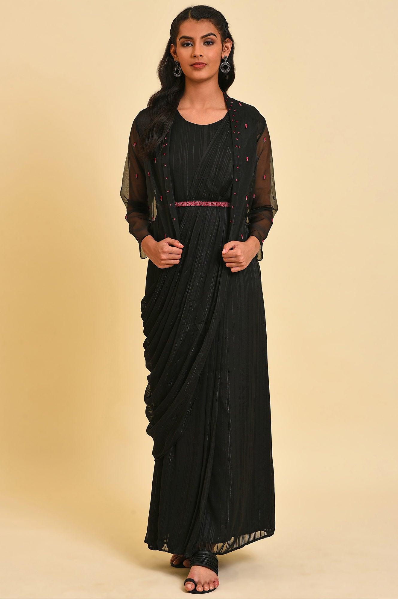 Black Festive Predrape Saree With Short Jacket - wforwoman