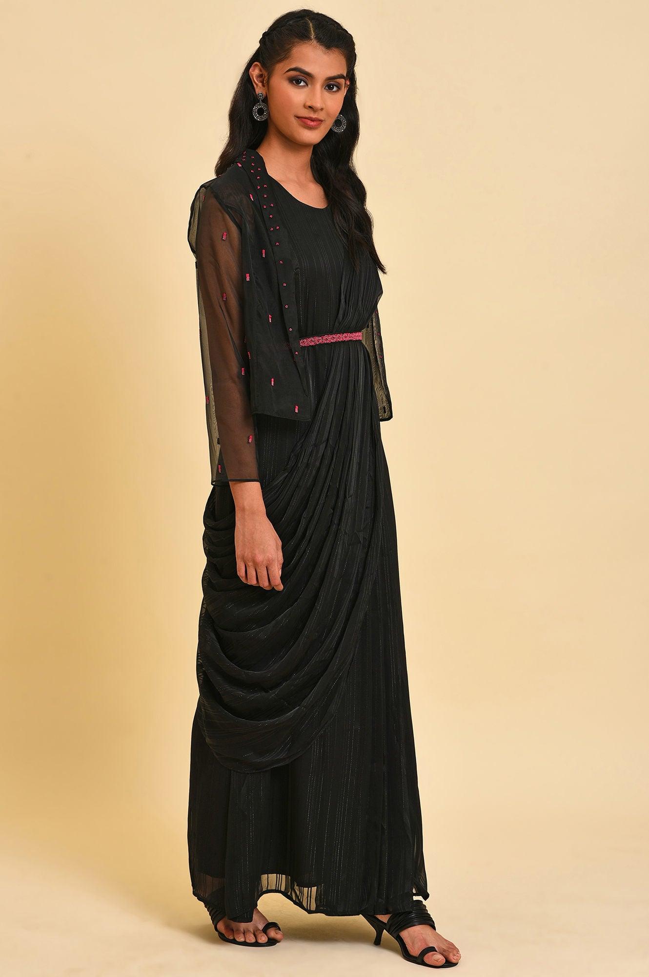Black Festive Predrape Saree With Short Jacket - wforwoman
