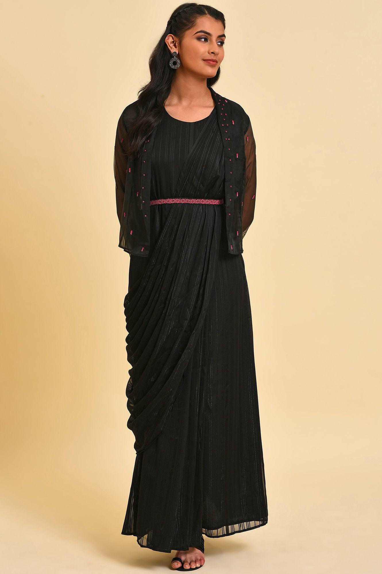 Black Festive Predrape Saree With Short Jacket - wforwoman