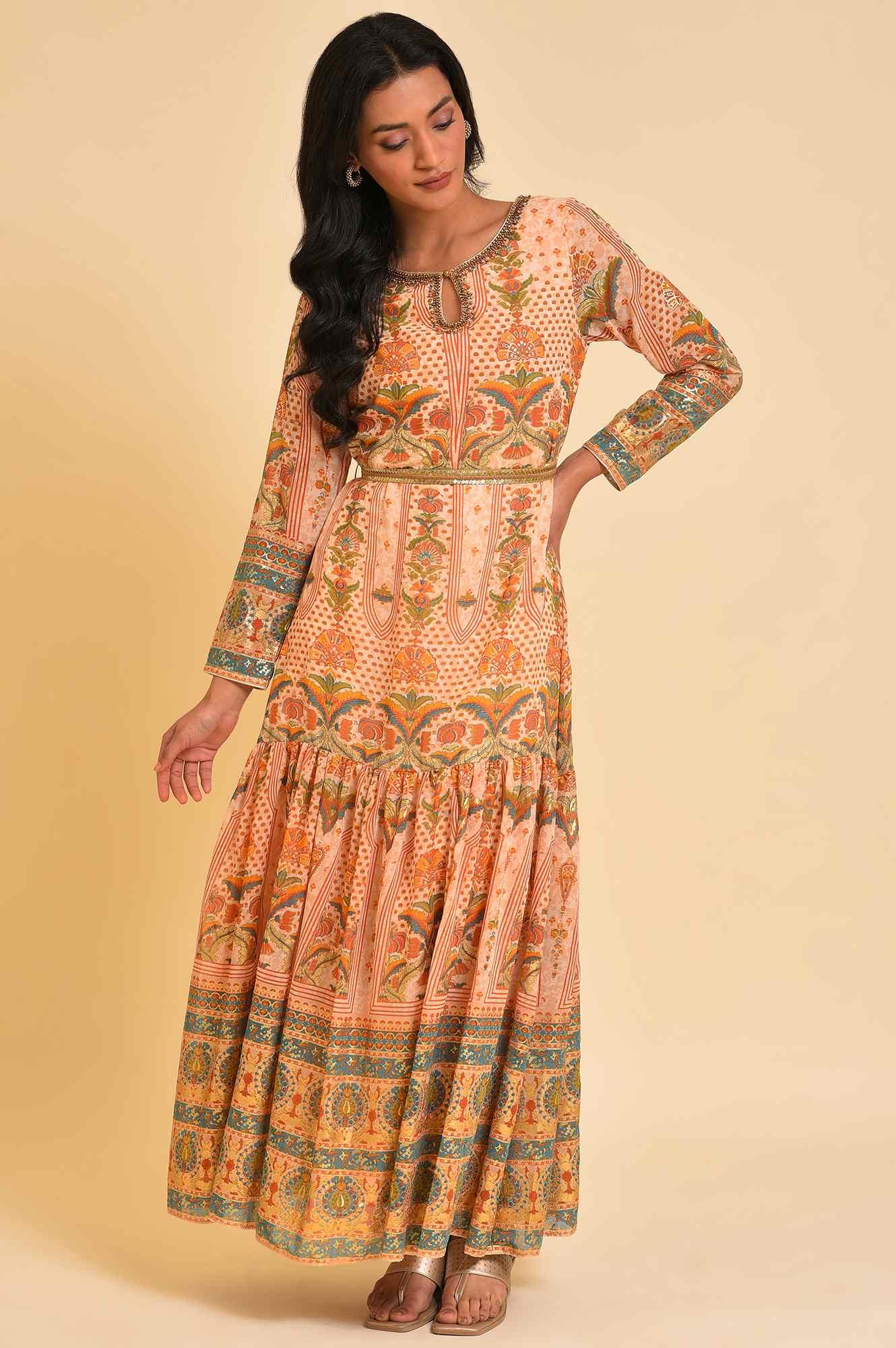 Beige Printed Tiered Dress With Embroidery - wforwoman