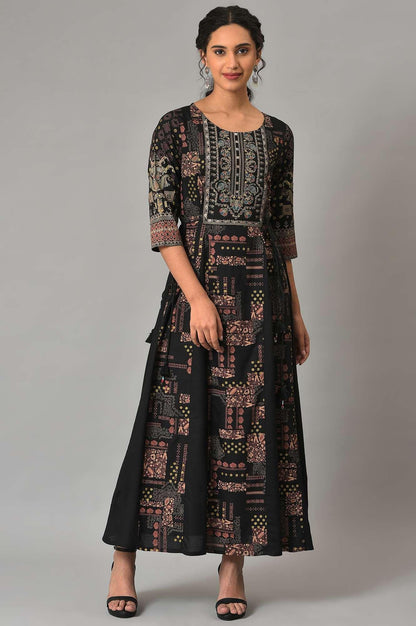 Black Printed Long Dress With Embellished Yoke - wforwoman