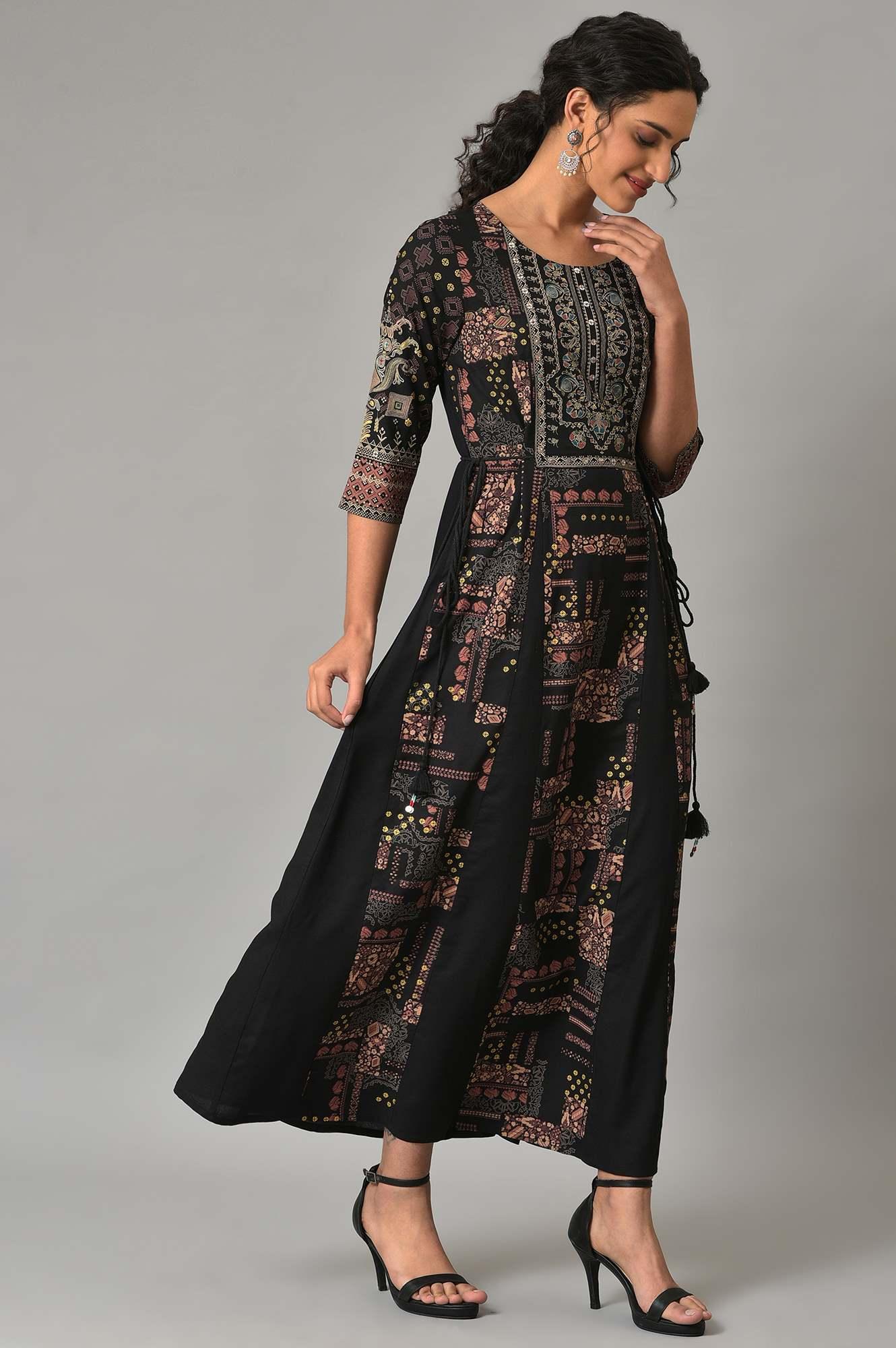 Black Printed Long Dress With Embellished Yoke - wforwoman