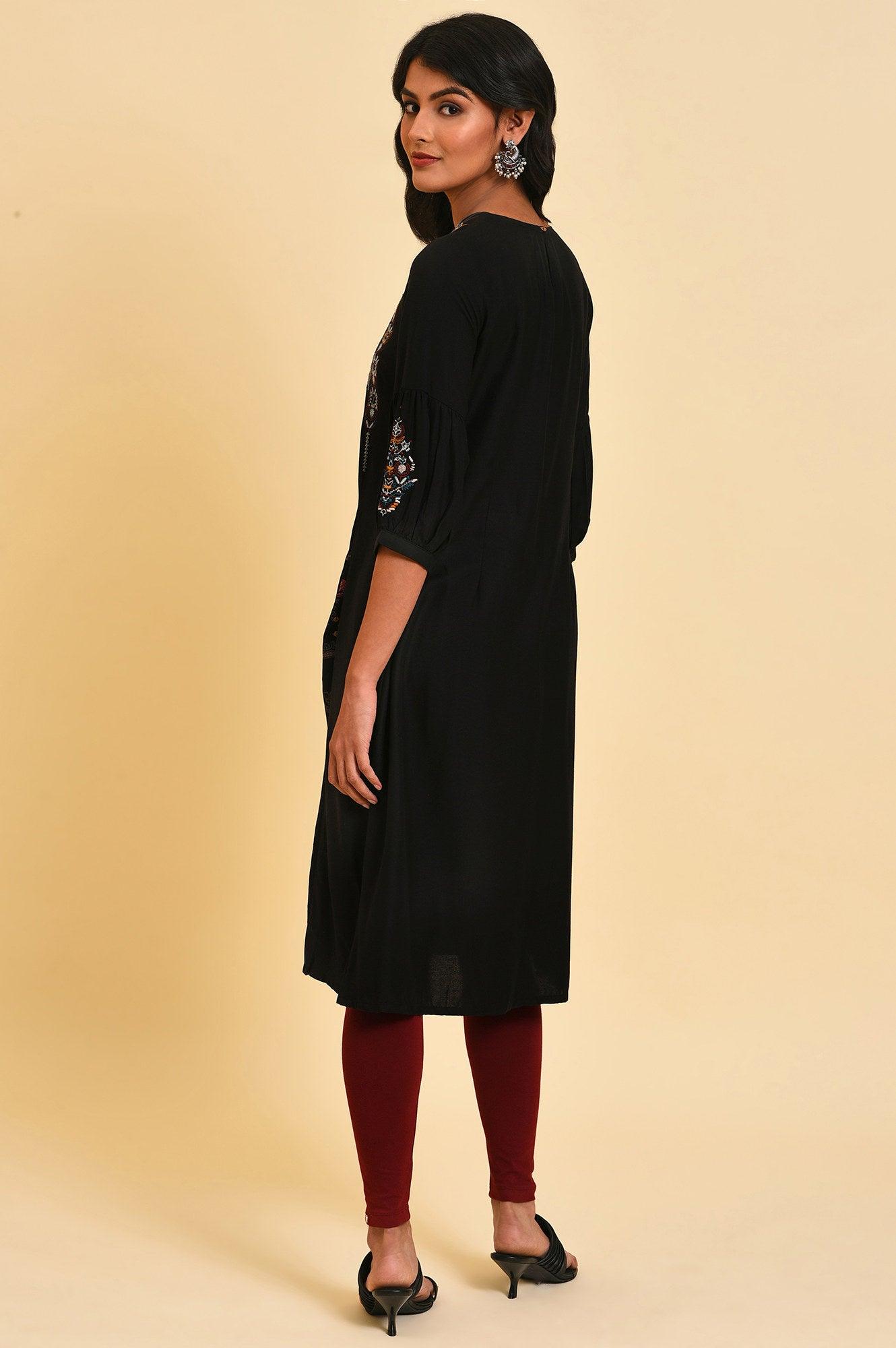Black Godget Plus Size Tunic with Multi-coloured Embroidery - wforwoman