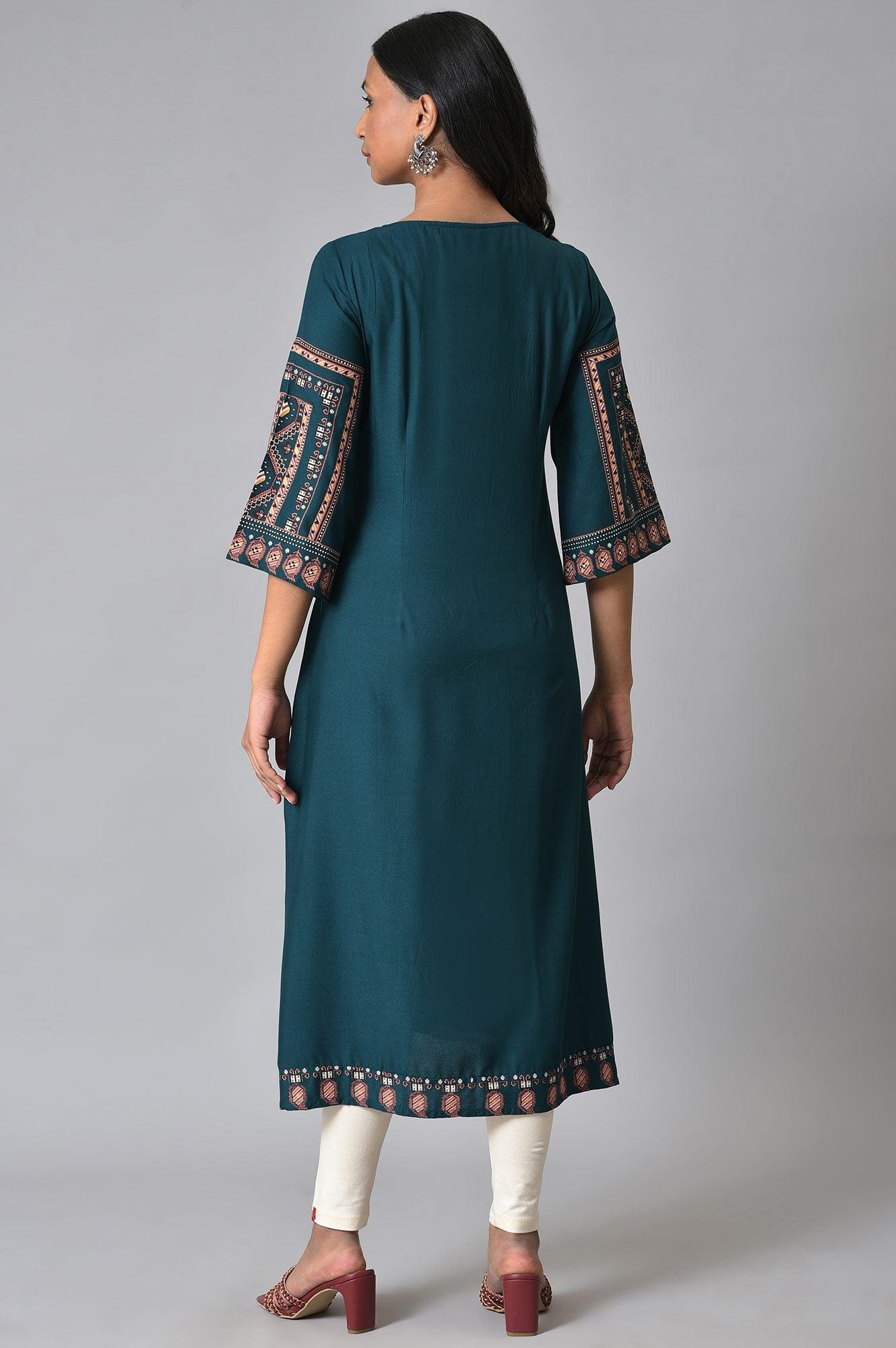 Teal Fusion A-Line kurta - wforwoman