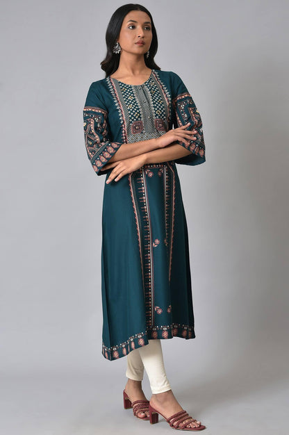 Teal Fusion A-Line kurta - wforwoman