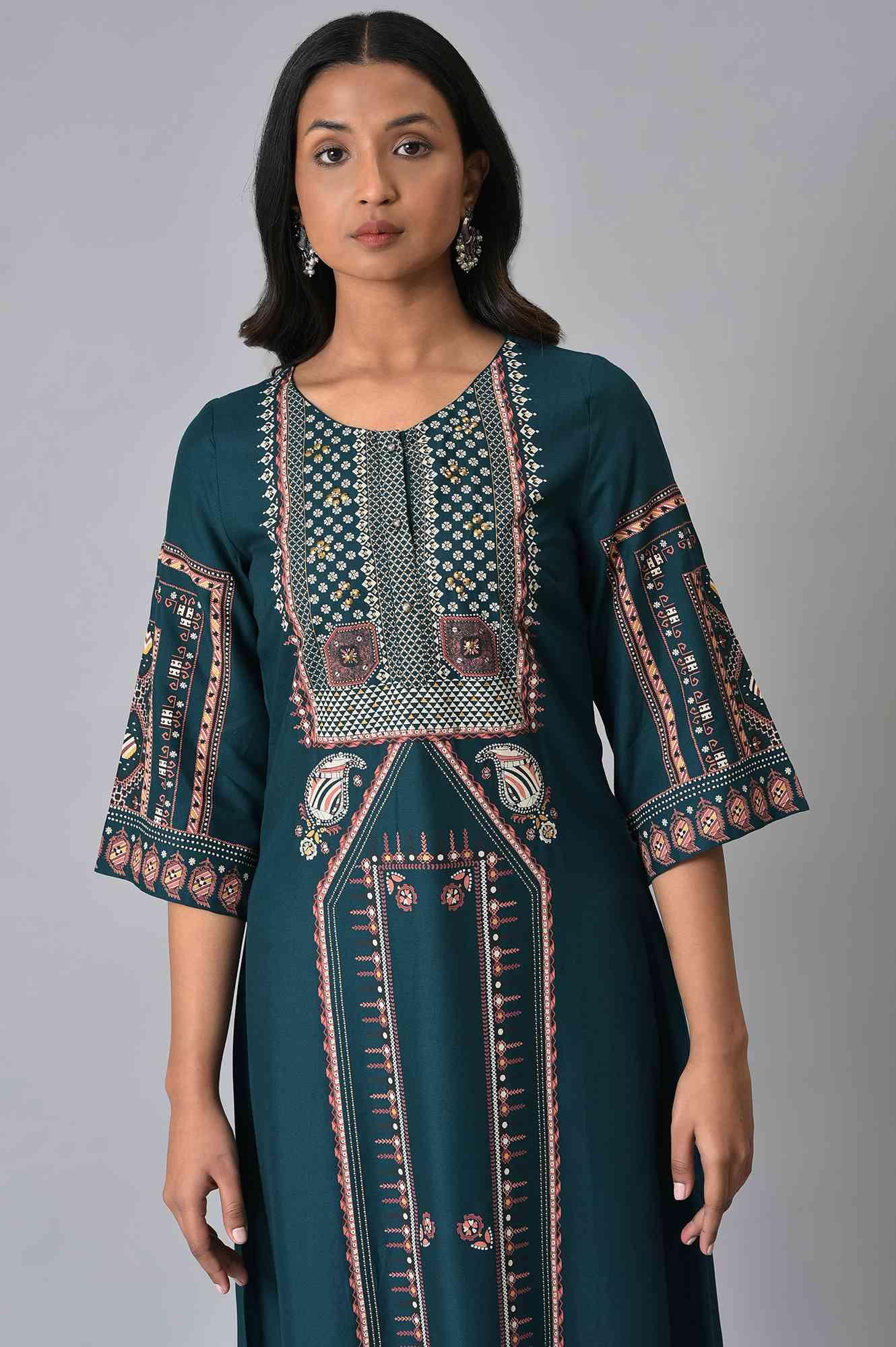 Teal Fusion A-Line kurta - wforwoman