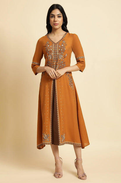 Dark Yellow Printed Godget Dress - wforwoman