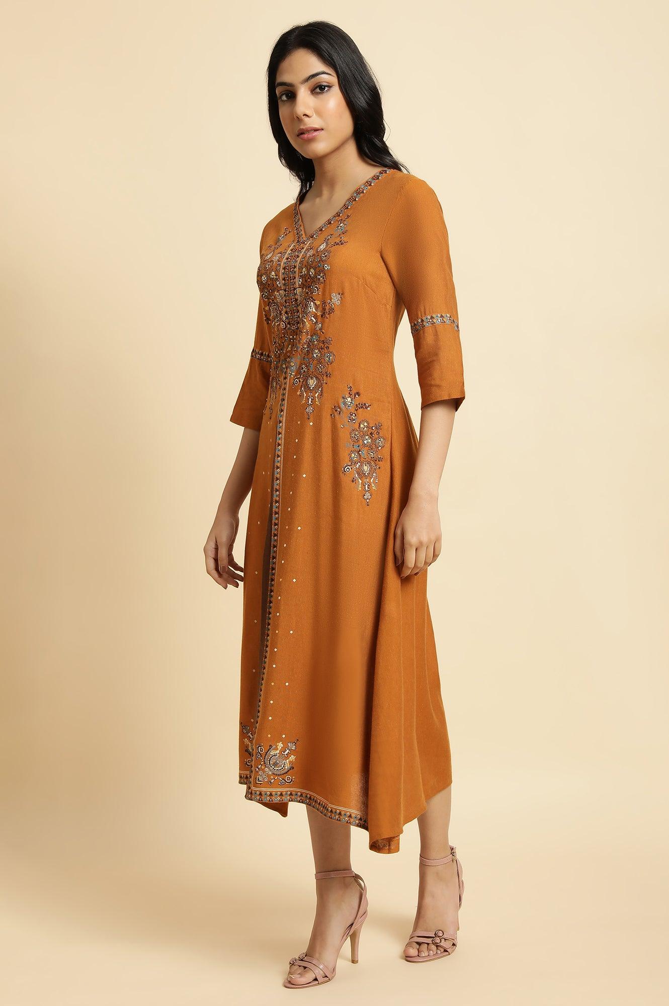 Dark Yellow Printed Godget Dress - wforwoman