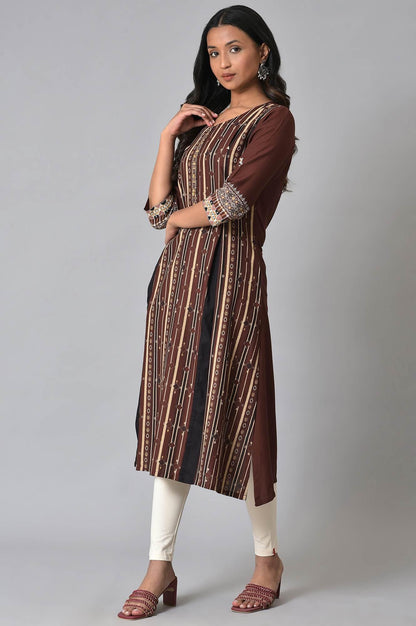 Brown Stripe Printed kurta With Box Pleats - wforwoman