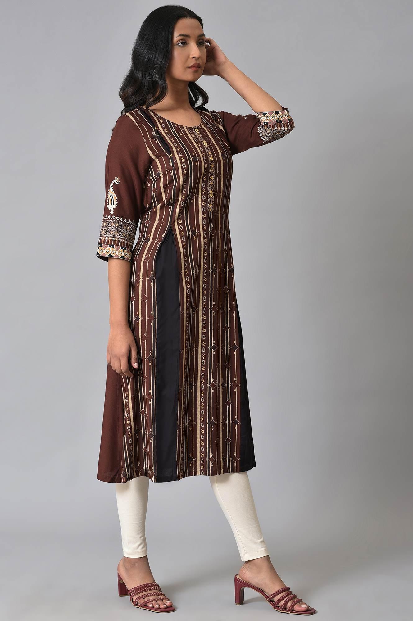 Brown Stripe Printed kurta With Box Pleats - wforwoman