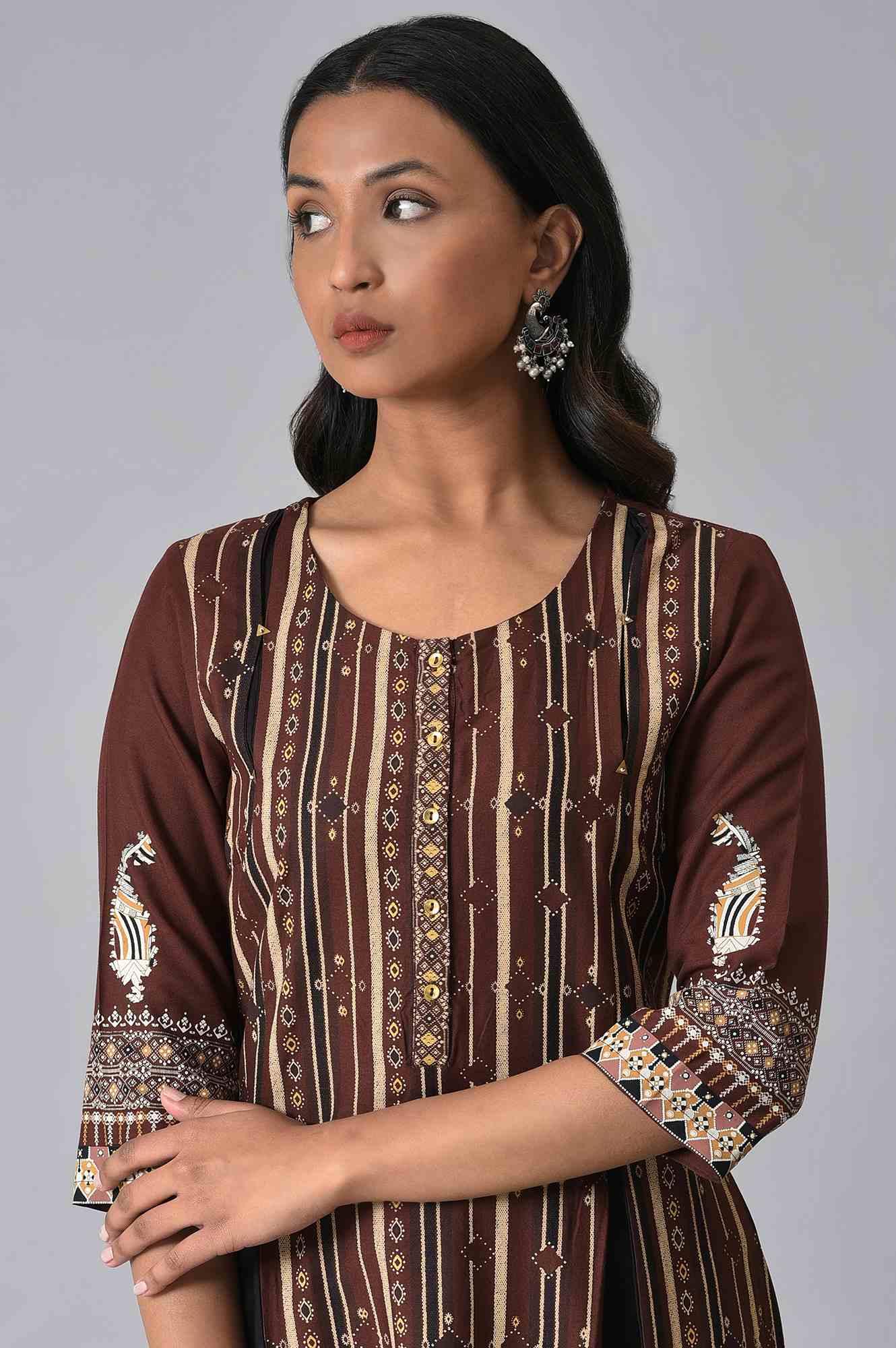 Brown Stripe Printed kurta With Box Pleats - wforwoman