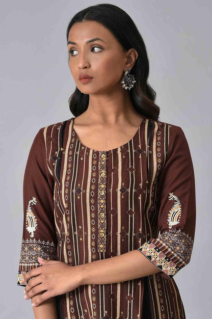 Brown Stripe Printed kurta With Box Pleats - wforwoman