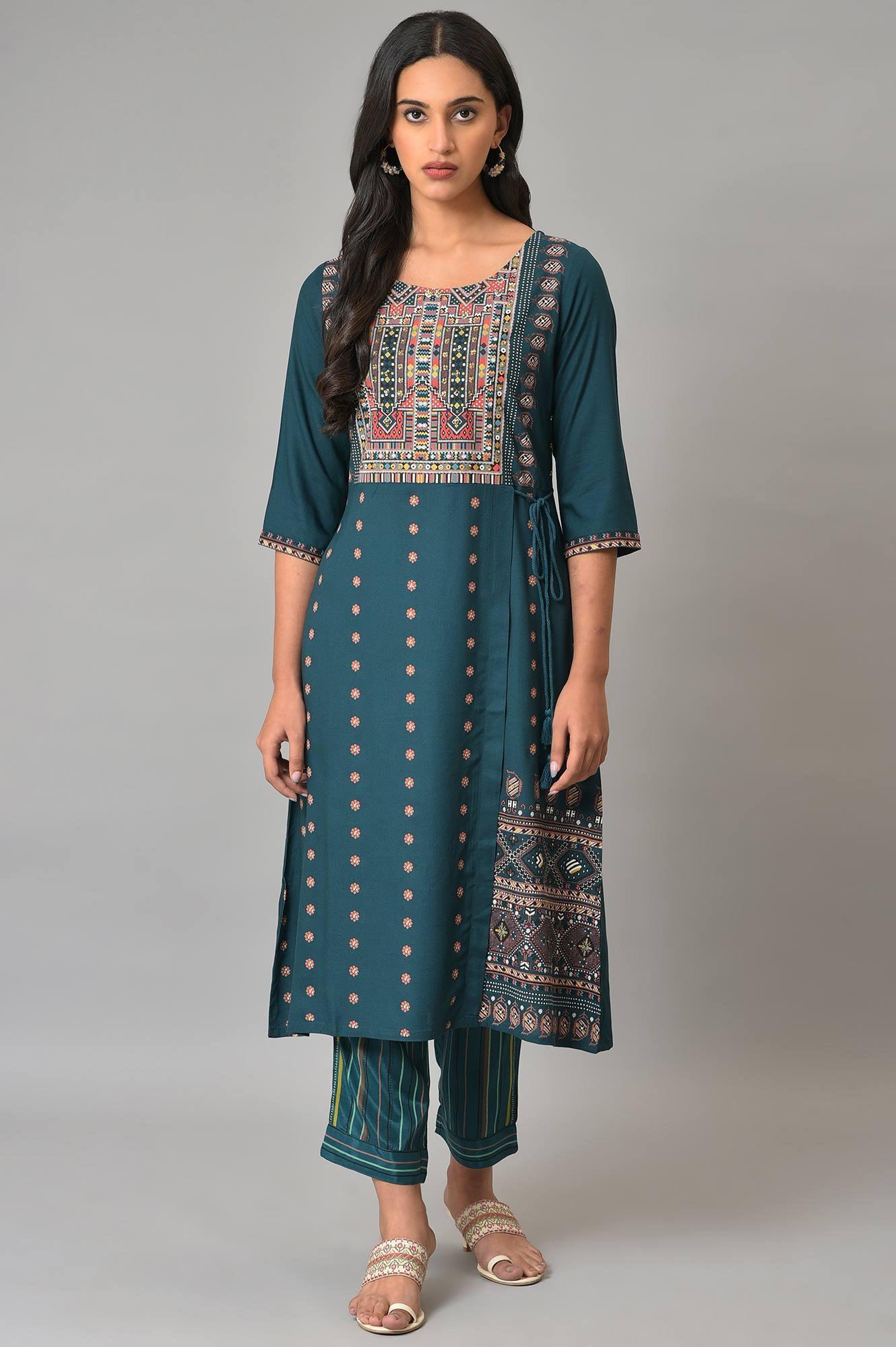 Teal Printed A-Line Mock Layer kurta - wforwoman