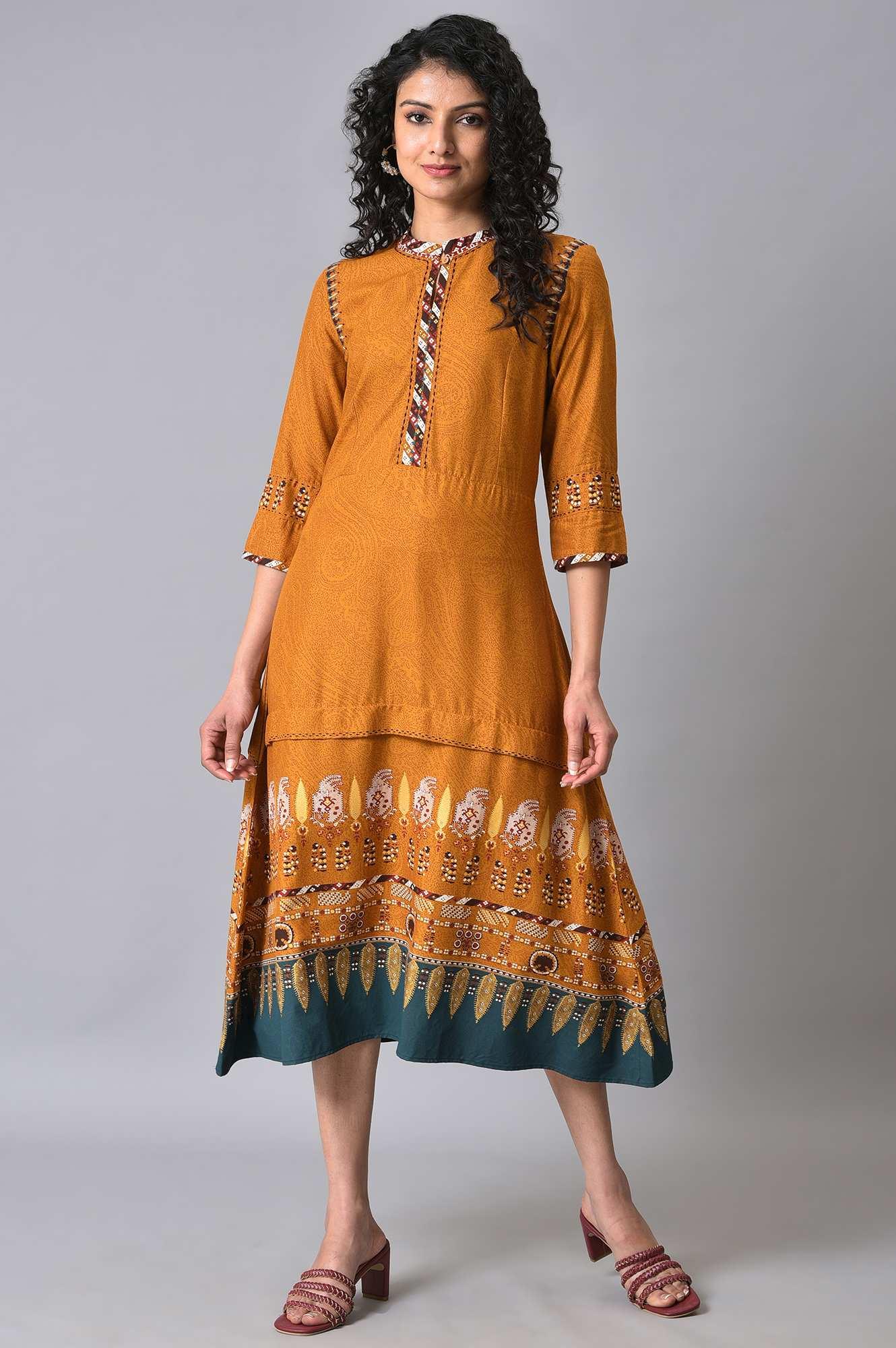 Mustard Printed A-Line Dress - wforwoman