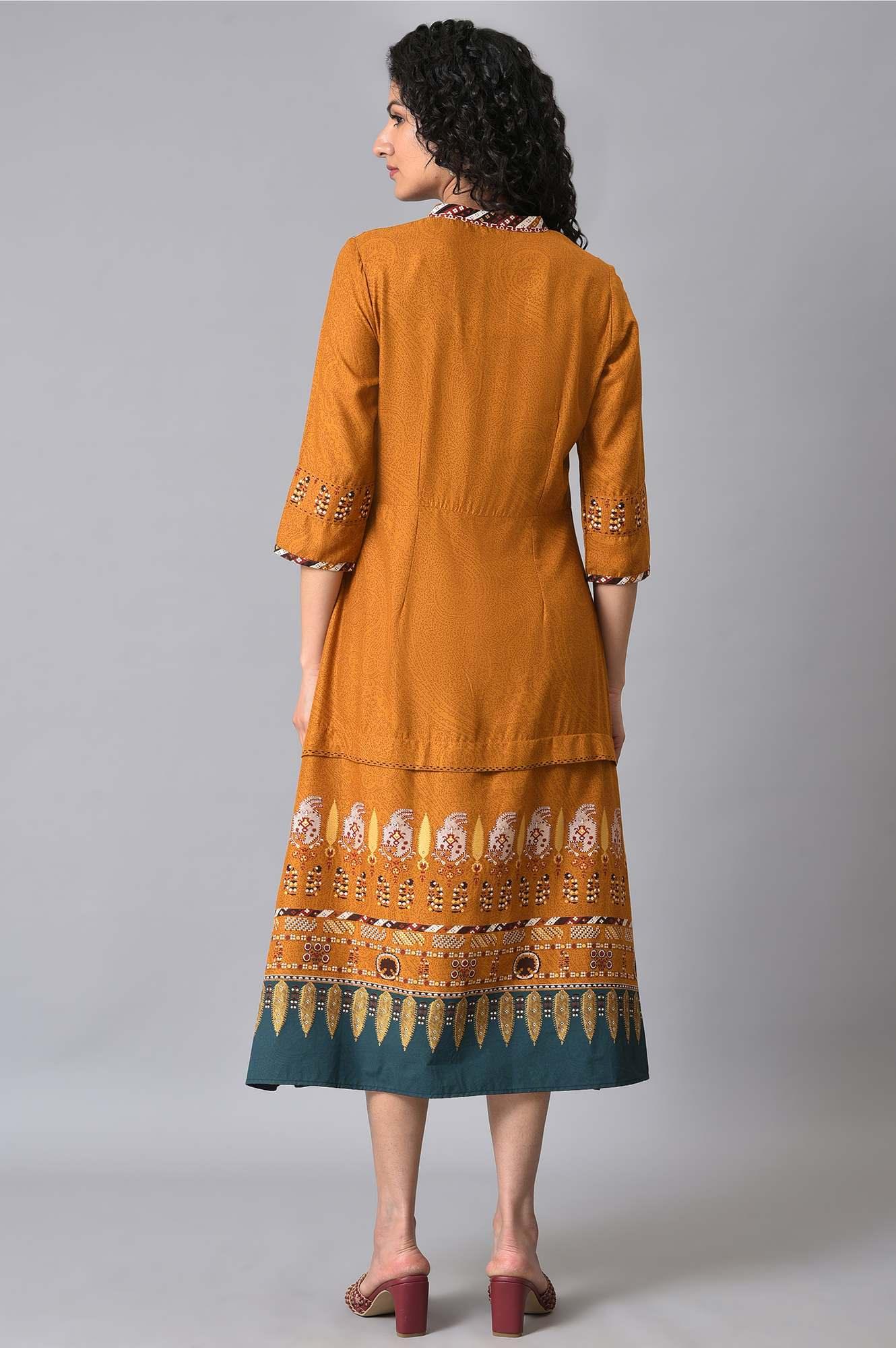 Mustard Printed A-Line Dress - wforwoman