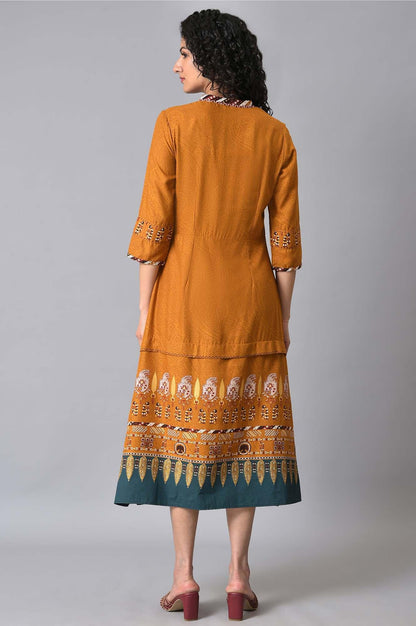 Mustard Printed A-Line Dress - wforwoman