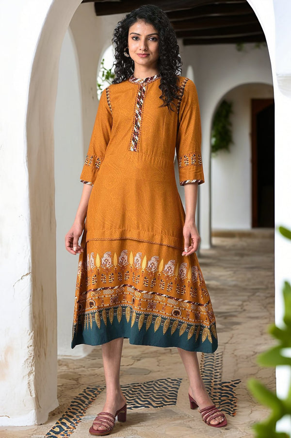 Mustard Printed A-Line Dress