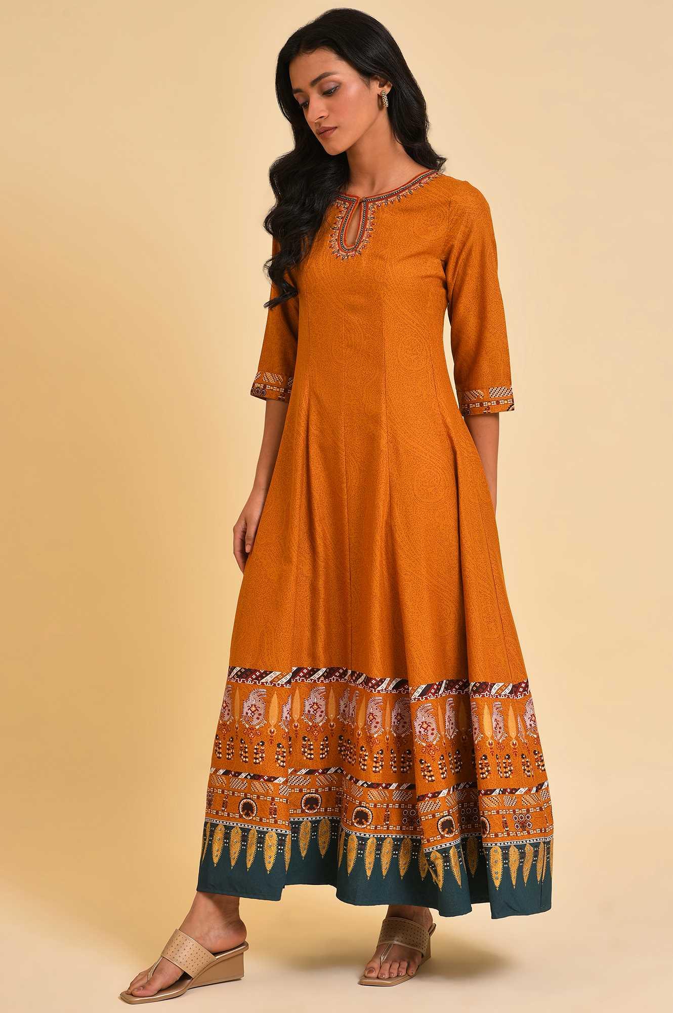Mustard Flared Embroidered Dress - wforwoman