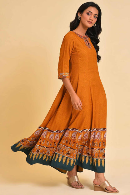Mustard Flared Embroidered Dress - wforwoman