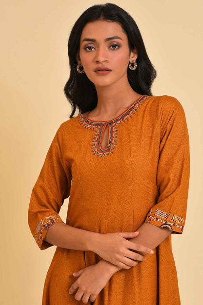 Mustard Flared Embroidered Dress - wforwoman