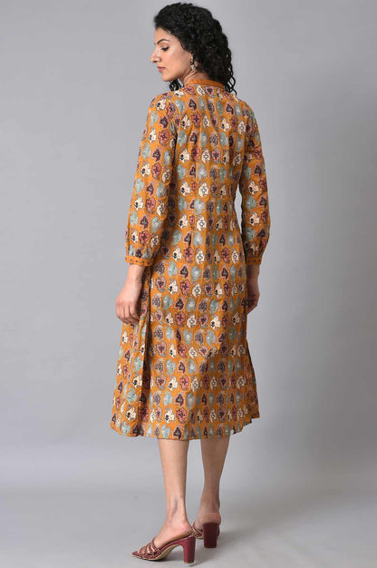 Dark Yellow Printed Pleated Plus Size Shirt Dress - wforwoman