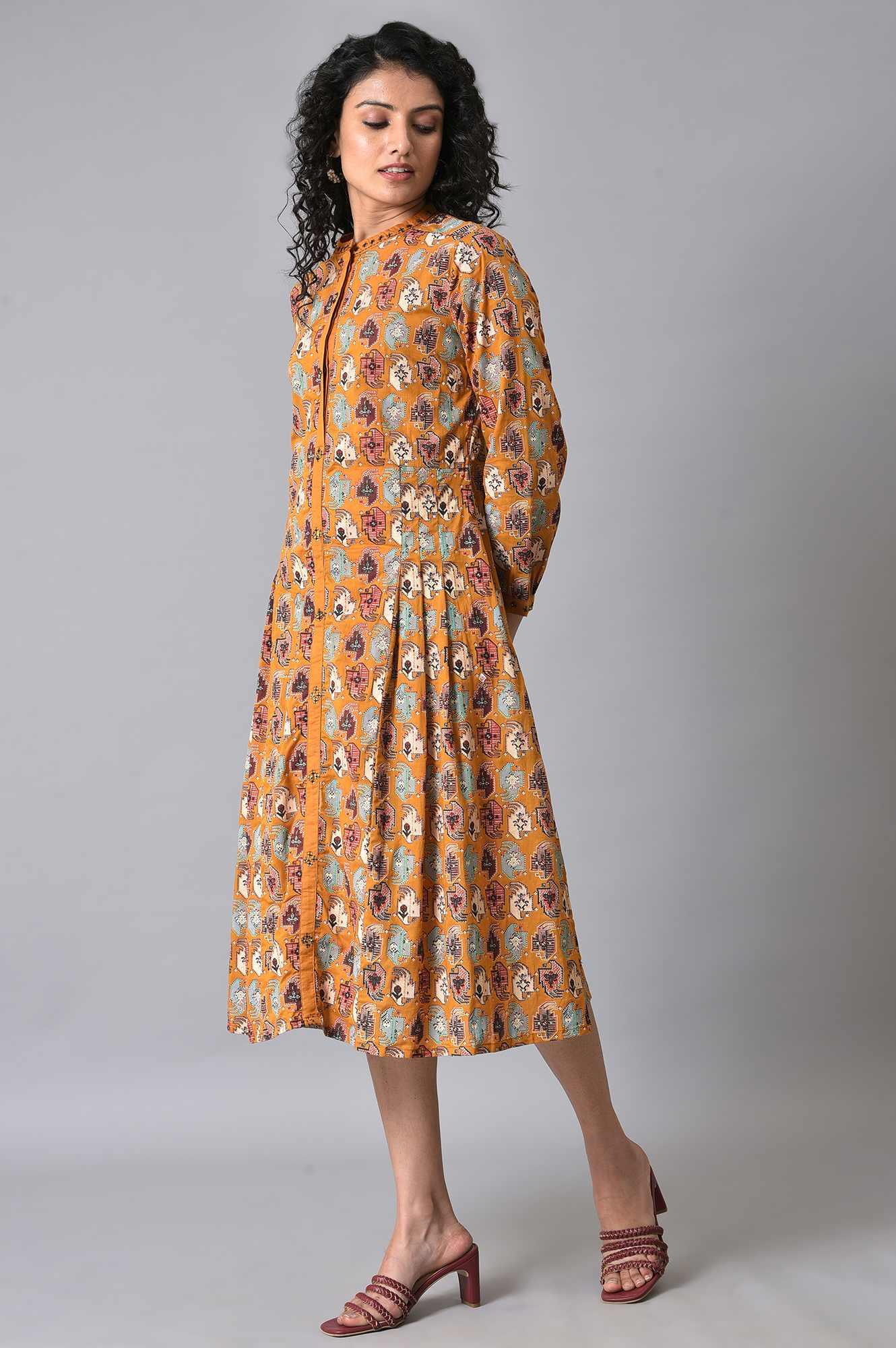 Dark Yellow Printed Pleated Shirt Dress - wforwoman