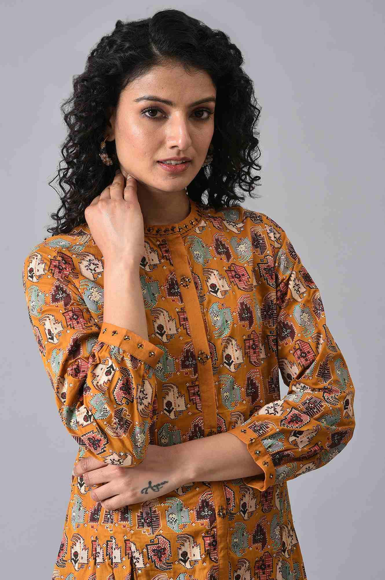 Dark Yellow Printed Pleated Shirt Dress - wforwoman