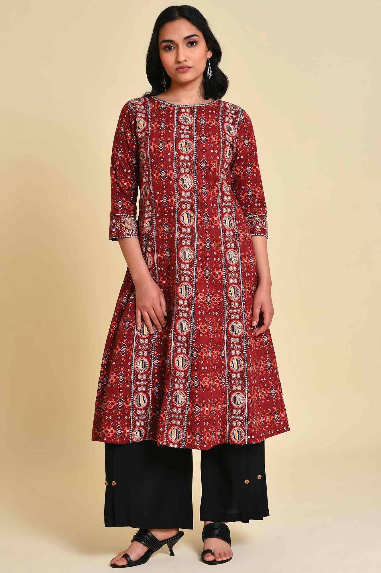 Dark Red A-Line Printed Plus Size kurta - wforwoman